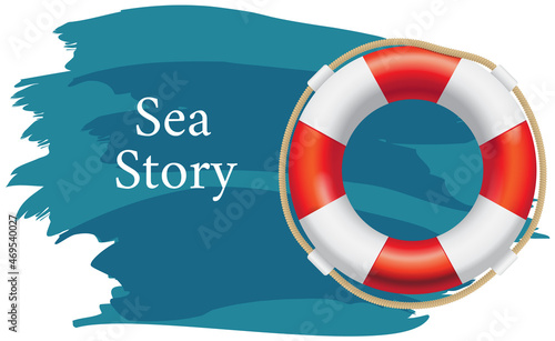 Sea adventures and tourism poster. Nautical cruise and sea story travelling advertising placard with attribute of water travel lifebuoy on rope at depth under water on blue background with marine life