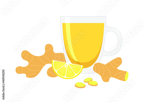 Ginger tea in a glass cup and ginger root with lemon on a white background. Warming drink to strengthen the immune system. Flat vector illustration
