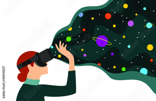 Red haired woman in vr glasses looking at space above her. Virtual reality concept. Flat vector illustration