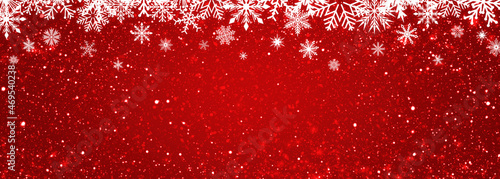Frame with snowflakes on a snowy red gradient background. Festive New Year and Christmas banner