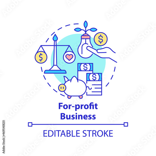 Fototapeta Naklejka Na Ścianę i Meble -  For profit business concept icon. Social entrepreneurship type abstract idea thin line illustration. Commercial and charitable organization. Vector isolated outline color drawing. Editable stroke
