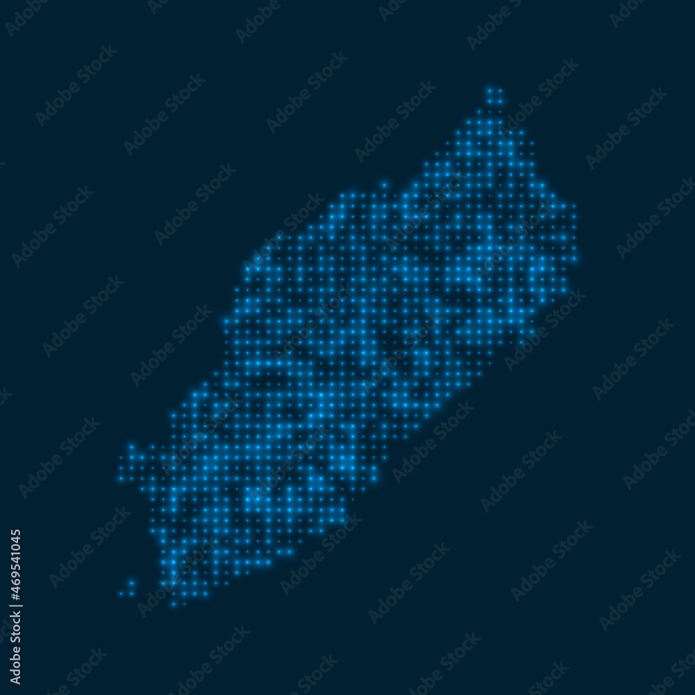 Itsukushima dotted glowing map. Shape of the island with blue bright bulbs. Vector illustration.