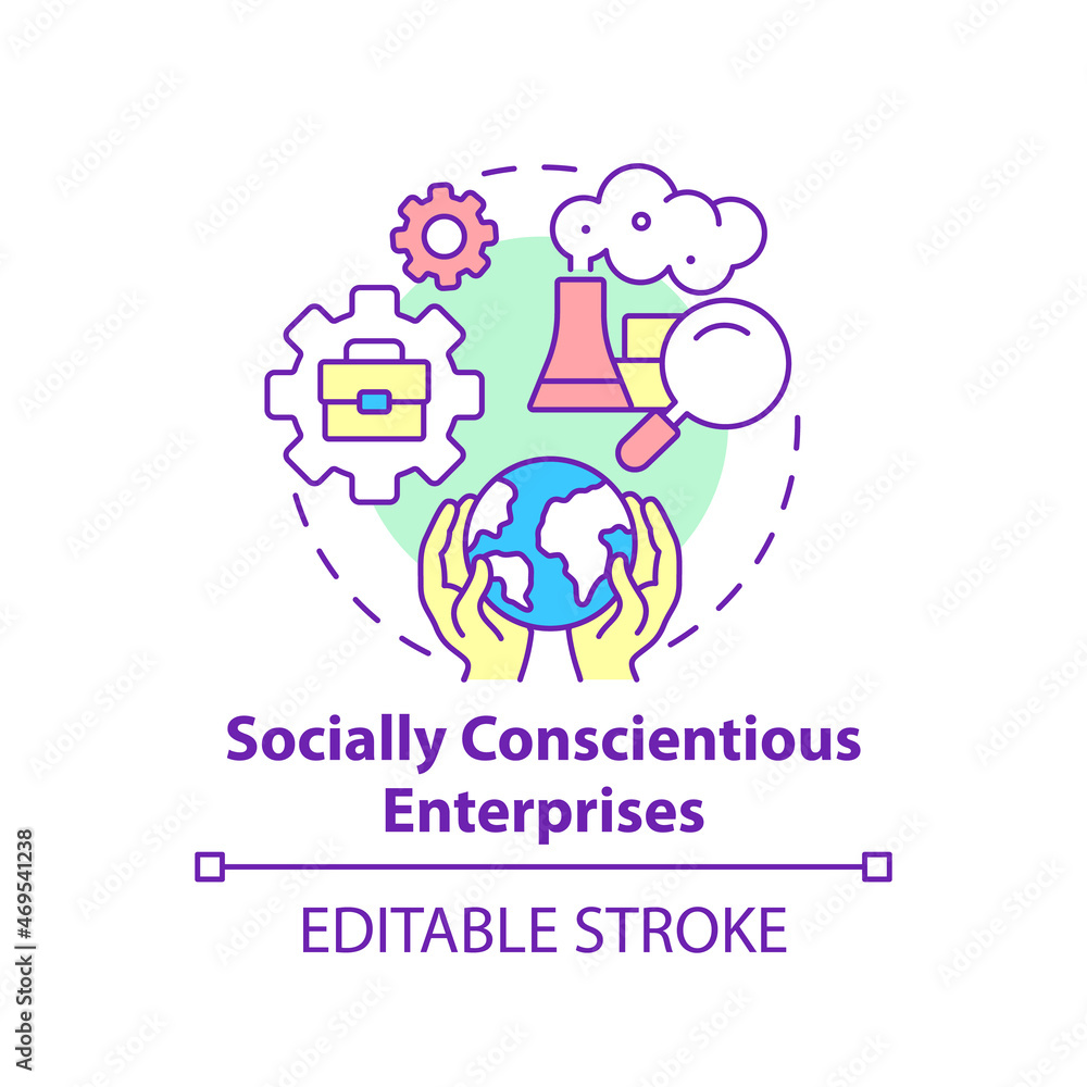 Fototapeta premium Socially conscientious enterprises concept icon. Social entrepreneurship focus abstract idea thin line illustration. Corporate responsibility. Vector isolated outline color drawing. Editable stroke