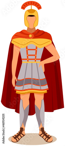Roman legionary on white background vector illustration. Legionnaire warrior soldier greek roman retro vintage character strong man in helmet armor and red cloak. Spartan warrior historical character