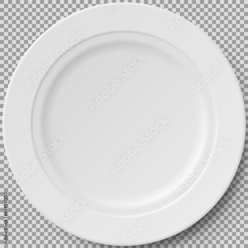 Empty white porcelain plate. Round white plate isolated on transparent background. Cookware, china, crockery element for serving dishes. Dish for restaurant, empty utensil and dishware 3d vector