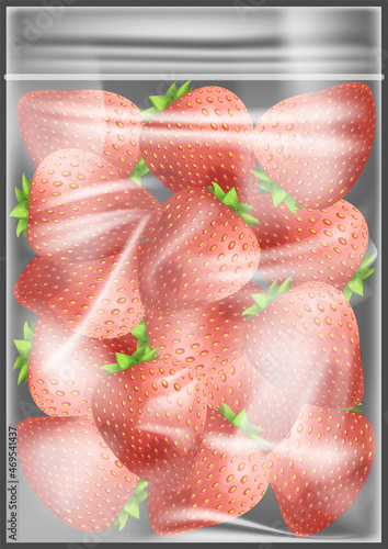 Strawberry plastic food packaging tray wrapped with polyethylene. Transparent plastic bag with berries. Evacuated strawberry in plastic, polyethylene packaging isolated on transparent background