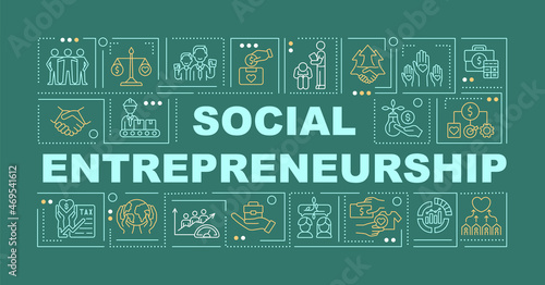 Social entrepreneurship features word concepts banner. Social business. Infographics with linear icons on green background. Isolated creative typography. Vector outline color illustration with text