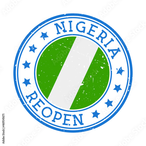 Nigeria reopening stamp. Round badge of country with flag of Nigeria. Reopening after lockdown sign. Vector illustration.