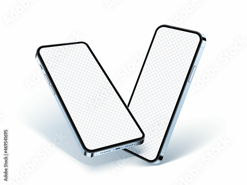 Realistic phone mockup, glass blue mobile concept with transparent screen and shadow isolated on white. Angle side 3d view smartphone for show app and mock up presentation, vector illustration.