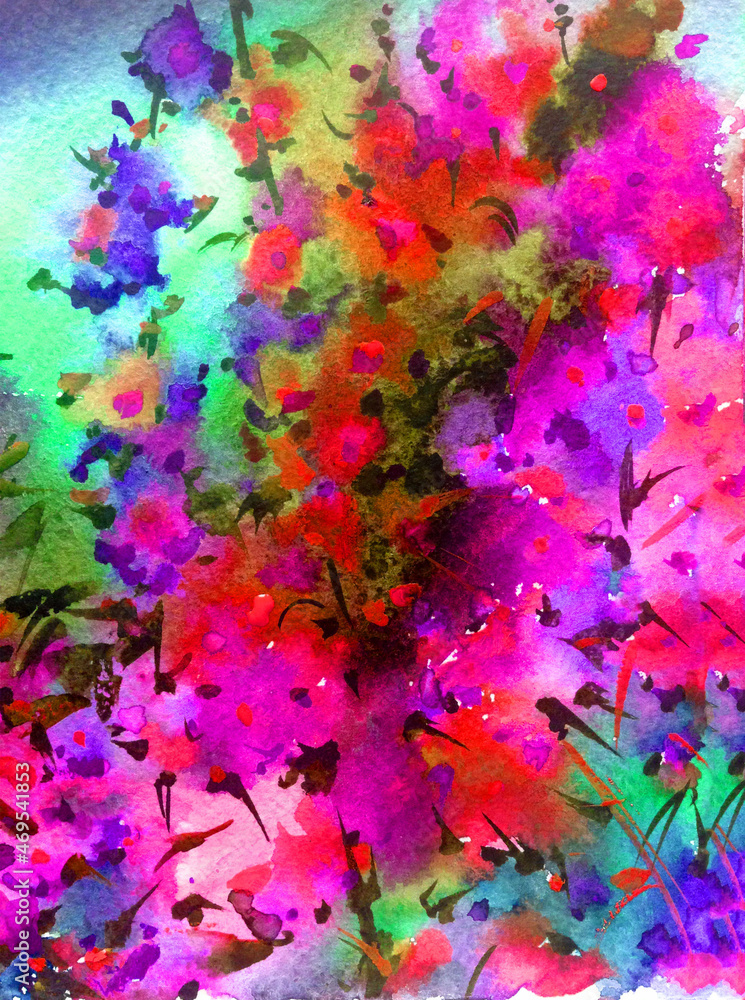 Abstract bright colored decorative background . Floral pattern handmade . Beautiful tender romantic garden with wild flowers , made in the technique of watercolors from nature
