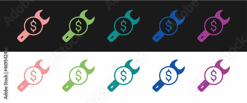 Set Repair price icon isolated on black and white background. Dollar and wrench. Vector