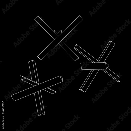 Hedgehog antitank defence. Wireframe low poly mesh vector illustration.