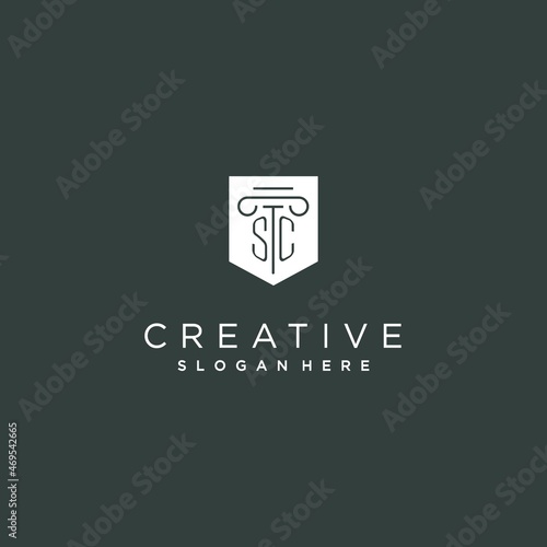 SC monogram with pillar and shield logo design, luxury and elegant logo for legal firm