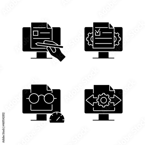 Proficiency in document management black glyph icons set on white space. Digital writing. Speed reading. Decision making. Creating online documents. Silhouette symbols. Vector isolated illustration