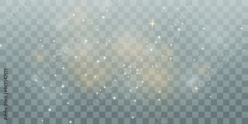 The dust sparks and golden stars shine with special light. Vector sparkles on a transparent background. . Vector illustration Png