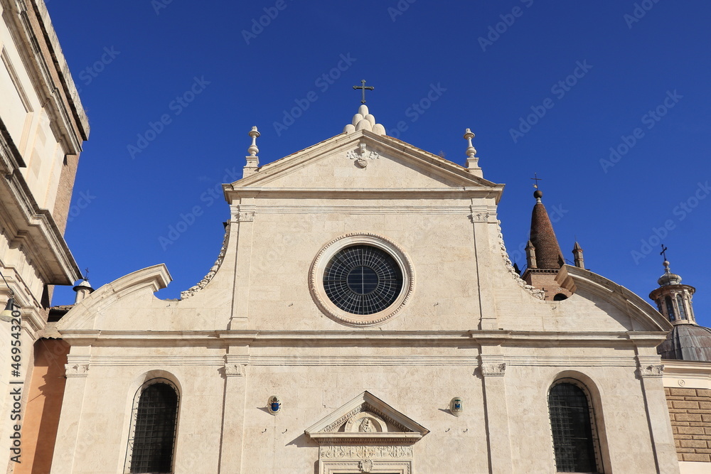 Santa Maria del Popolo Church Facade Detail with Bright Blue Sky at Piazza del Popolo in Rome, Italy