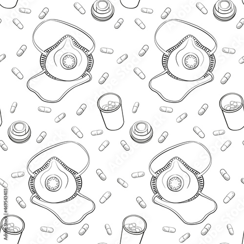 Medical respirator and pills. Pandemic and protection against the virus. Black and white drawing, vector illustration. Vector illustration