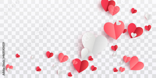Valentines hearts postcard. Paper flying elements on transparent background. Vector symbols of love in shape of heart for Happy Women's, Mother's, Valentine's Day, birthday greeting card design. PNG	