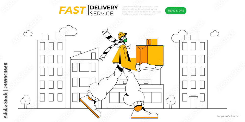 Deliveryman with a box. Courier wearing medical mask delivers package. Online delivery service banner template. Safe delivery during COVID-19 lockdown. Vector illustration.