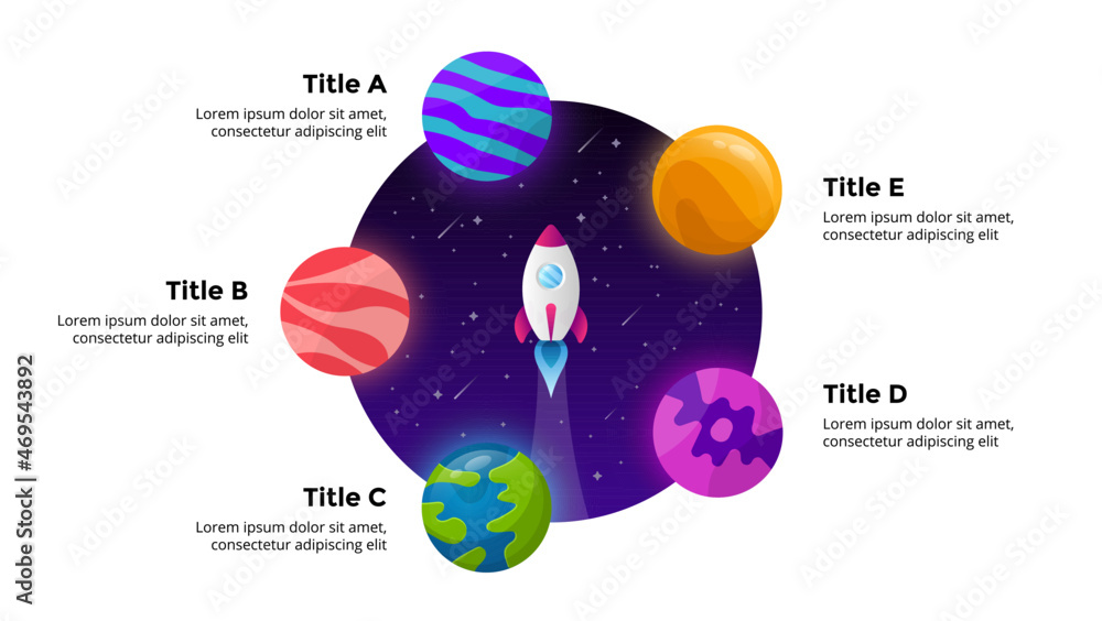 Circle diagram. Startup vector infographic. Rocket launch into space. Universe background. Presentation slide template. Business success chart. 5 options. - obrazy, fototapety, plakaty 