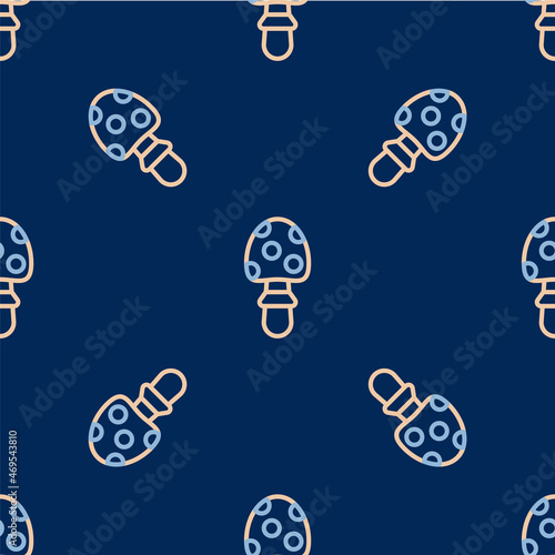 Line Amanita muscaria or fly agaric hallucinogenic toadstool mushroom icon isolated seamless pattern on blue background. Spotted poisonous mushroom. Vector