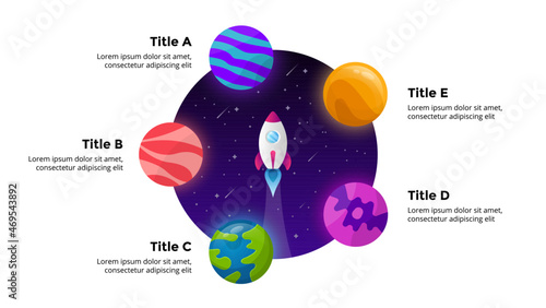 Circle diagram. Startup vector infographic. Rocket launch into space. Universe background. Presentation slide template. Business success chart. 5 options.