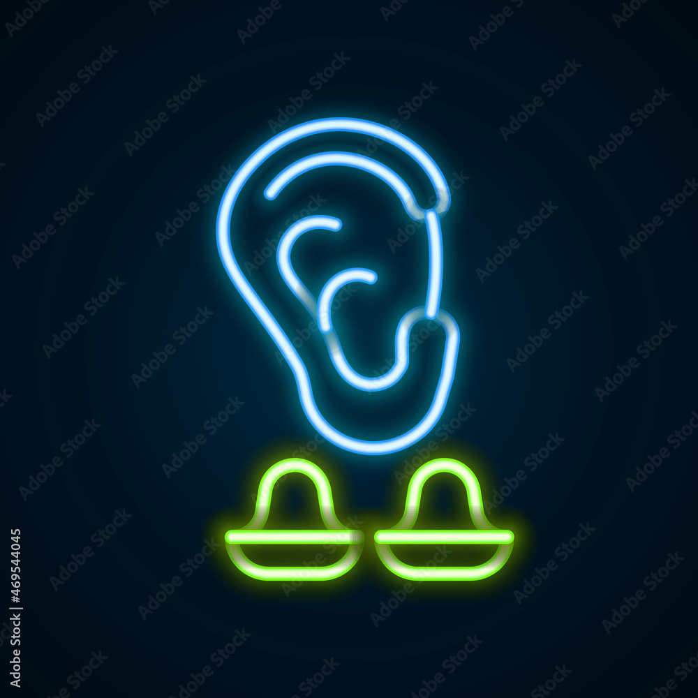 Glowing neon line Earplugs and ear icon isolated on black background. Ear plug sign. Noise symbol. Sleeping quality concept. Colorful outline concept. Vector Glowing neon line Earplugs and ear icon isolated on black background. Ear plug sign. Noise symbol. Sleeping quality concept. Colorful outline concept. Vector
