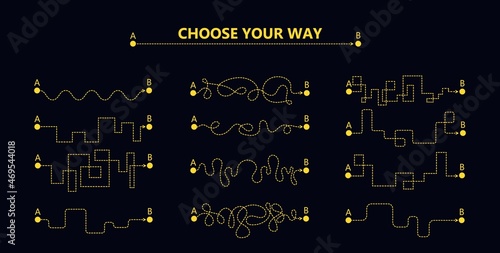 Set of difficult and easy simple way process from start to end. Vector card illustration with path to success outline art concept. The road from point a to point b. Right and wrong way with messy line