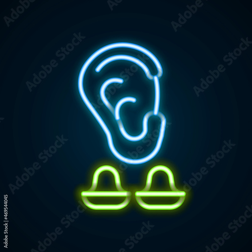 Glowing neon line Earplugs and ear icon isolated on black background. Ear plug sign. Noise symbol. Sleeping quality concept. Colorful outline concept. Vector