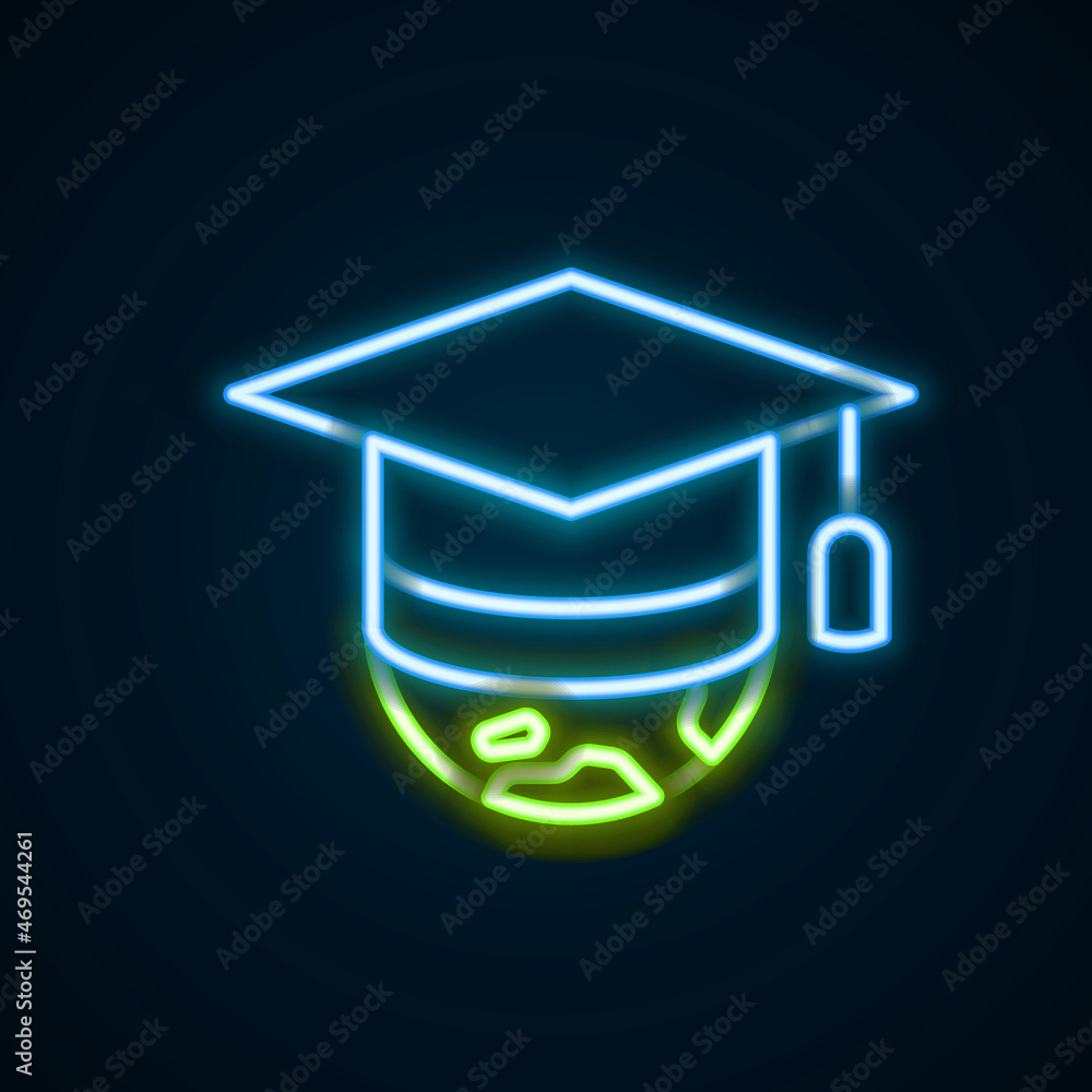 Glowing neon line Graduation cap on globe icon isolated on black background. World education symbol. Online learning or e-learning concept. Colorful outline concept. Vector Glowing neon line Graduation cap on globe icon isolated on black background. World education symbol. Online learning or e-learning concept. Colorful outline concept. Vector