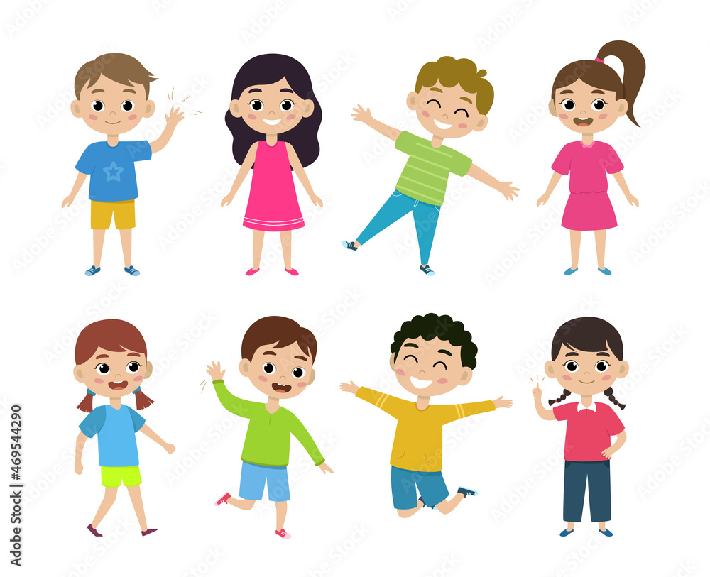Diverse children set. Cute and funny kids isolated on white background. Collection of kids in different poses, clothes. Kids fun emotions and gestures. Vector illustration in flat style Diverse children set. Cute and funny kids isolated on white background. Collection of kids in different poses, clothes. Kids fun emotions and gestures. Vector illustration in flat style