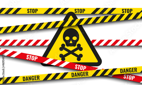 Skull and crossbones icon on yellow warning sign and danger cross lines ribbons.