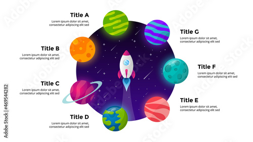 Circle diagram. Startup vector infographic. Rocket launch into space. Universe background. Presentation slide template. Business success chart. 7 steps.