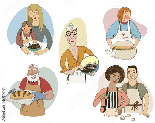 Different people baking and cooking in kitchen
