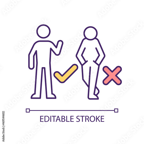 Correct position RGB color icon. Standing person. Optimistic and positive man. Introvert. First impression. Work etiquette. Body language. Isolated vector illustration. Simple filled line drawing