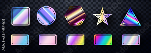 Holographic stickers mockup. Realistic hologram labels of different shapes with rumpled wrinkles. Vinyl light sticker set with ultraviolet metallic effect. Collection isolated on black background