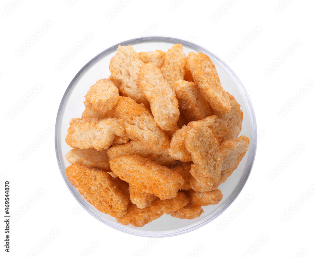 Delicious crispy rusks in glass bowl on white background, top view Delicious crispy rusks in glass bowl on white background, top view