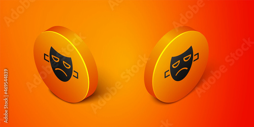 Isometric Drama theatrical mask icon isolated on orange background. Orange circle button. Vector
