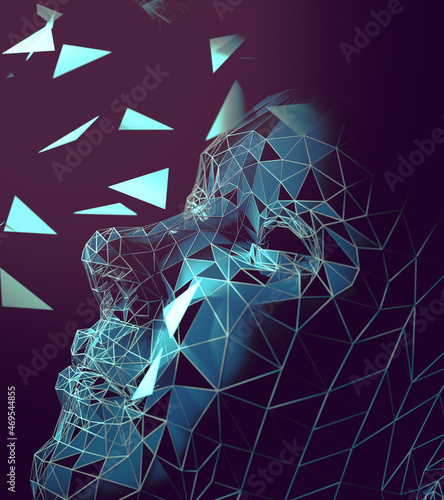 Fondo abstracto de tecnología y ciencia.Ilustración 3d. Análisis de datos empresariales e inteligencia artificial. Cabeza de cyborg y ciberseguridad.