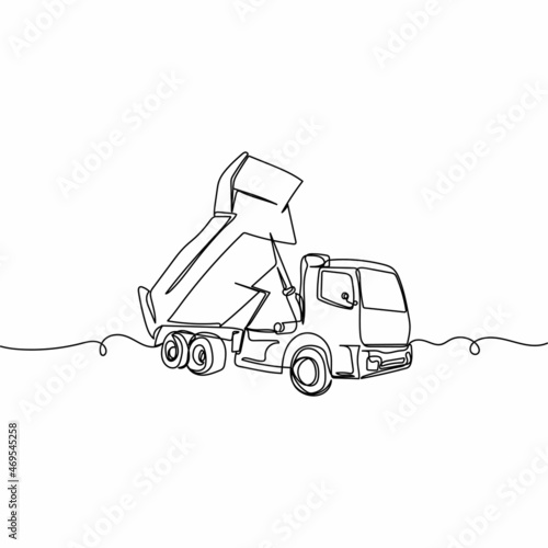 Vector continuous one single line drawing icon of dump truck in silhouette on white background. Linear stylized.