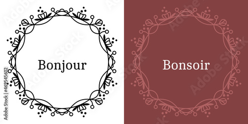 Cadre décoratif rond arrondi cercle couronne fleurs feuille floral traits lignes noir vecteur élégant délicat