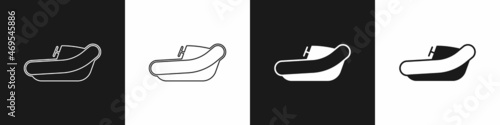 Set Inflatable boat with outboard motor icon isolated on black and white background. Vector