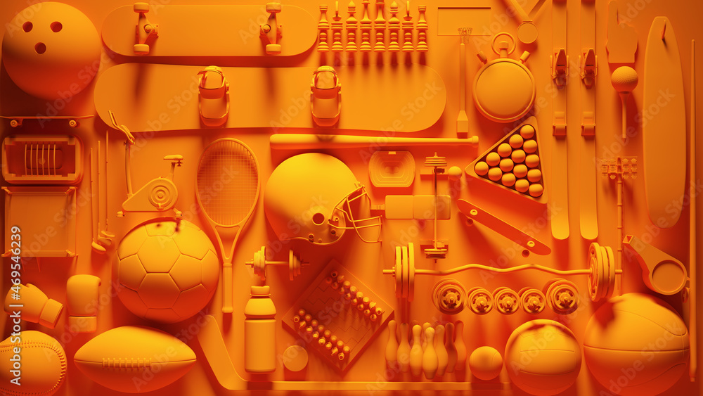 Fototapeta premium Orange Vibrant Sports Wall Equipment Collage Activity 3d illustration render 