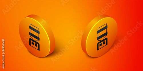 Isometric Water cooler for office and home icon isolated on orange background. Water dispenser. Bottle office, plastic and liquid. Orange circle button. Vector