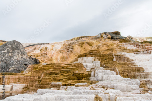 Scenic lifeless calcium terraces at Mammoth Hot Springs, Yellowstone National Park