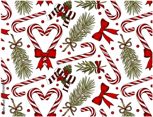 Sketch drawing Christmas pattern with colorful candy cane, mistletoe, ribbon, Christmas tree isolated on white background. Lollipop wallpaper. Line art holiday ornament. New Year. Vector illustration.
