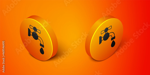 Isometric Water tap icon isolated on orange background. Orange circle button. Vector
