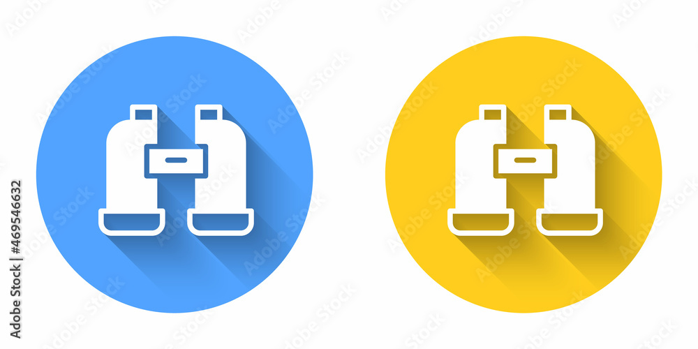 White Binoculars icon isolated with long shadow background. Find software sign. Spy equipment symbol. Circle button. Vector White Binoculars icon isolated with long shadow background. Find software sign. Spy equipment symbol. Circle button. Vector
