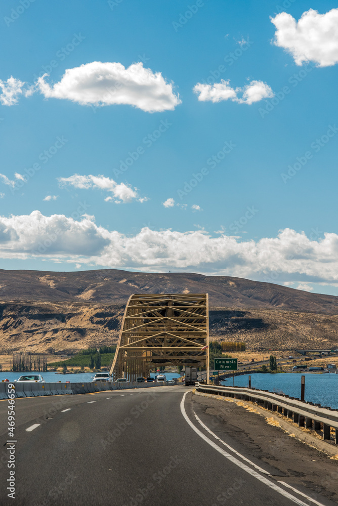 The huge Columbia river in Washington state, dry landscape surrounding the water