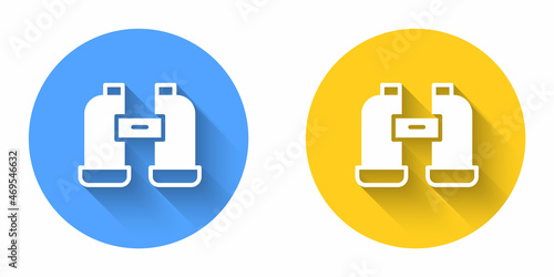 White Binoculars icon isolated with long shadow background. Find software sign. Spy equipment symbol. Circle button. Vector